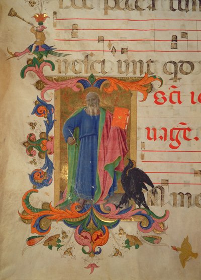 Missal 515 f.9r São João Evangelista, fronteira iluminada por Filippo do Mateo Torelli (1409-68) detalhe de um livro de coro executado antes de 1449 (para detalhes ver 88908) de Zanobi di Benedetto Strozzi